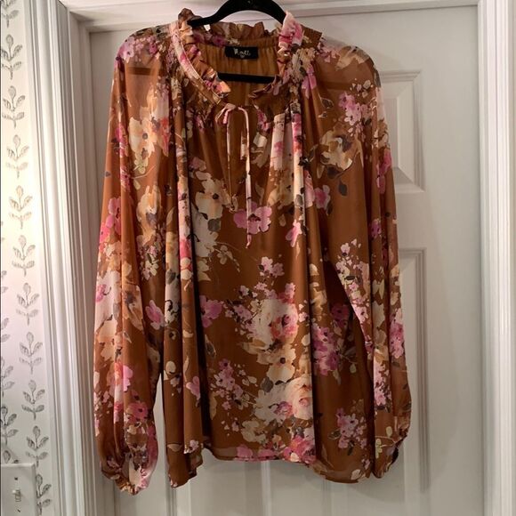 Pink and Tan Ruffled Tie top Blouse with built in tank - Picture 1 of 7